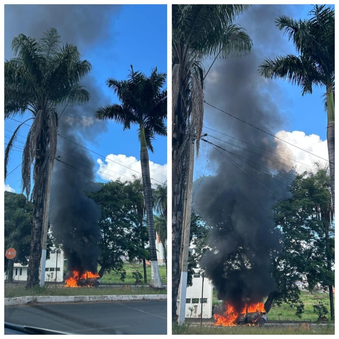 apos-falha-mecanica,-carro-pega-fogo-na-entrada-da-unimontes-e-fica-destruido