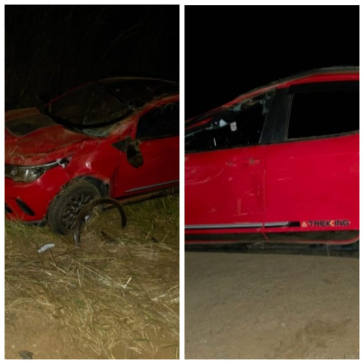 motorista-capota-carro-apos-ter-visao-ofuscada-por-farois-de-caminhao-na-mgc-451;-passageiro-fica-ferido