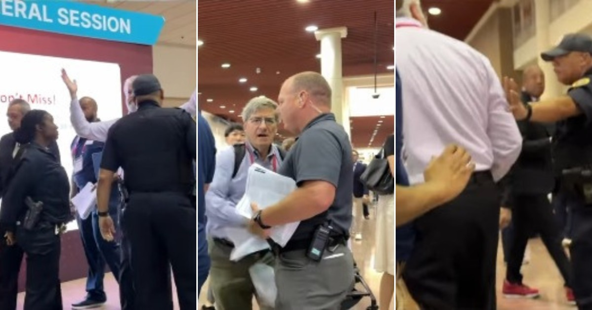 video-mostra-policial-puxando-pesquisador-em-protesto-contra-politicas-de-trump-em-congresso-de-diabetes