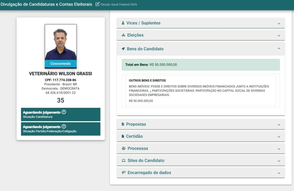 candidato-a-presidente-pelo-democrata,-wilson-grassi-declara-r$-50-milhoes-em-bens;-vice-informa-r$-460-mil
