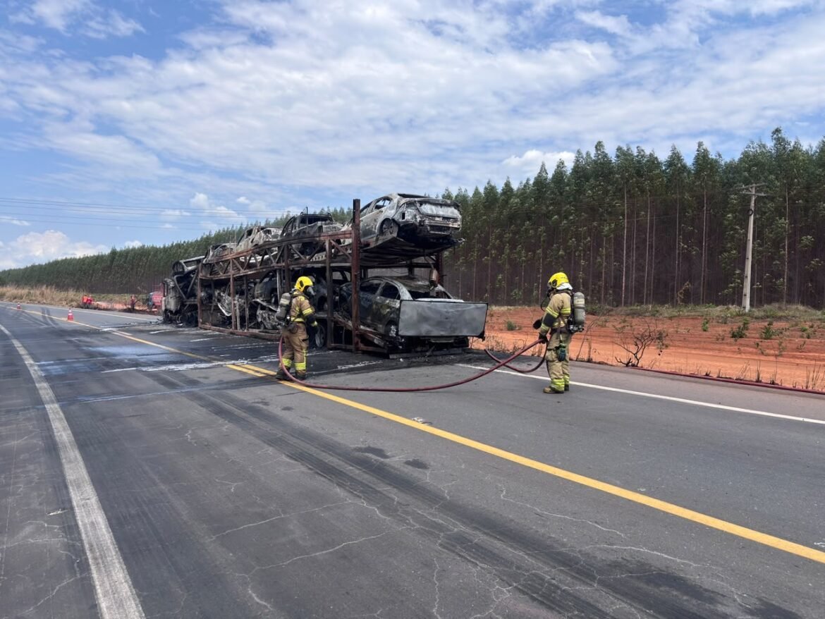 cegonheira-que-transportava-28-veiculos-de-sp-para-salinas-pega-fogo-na-br-251;-fotos