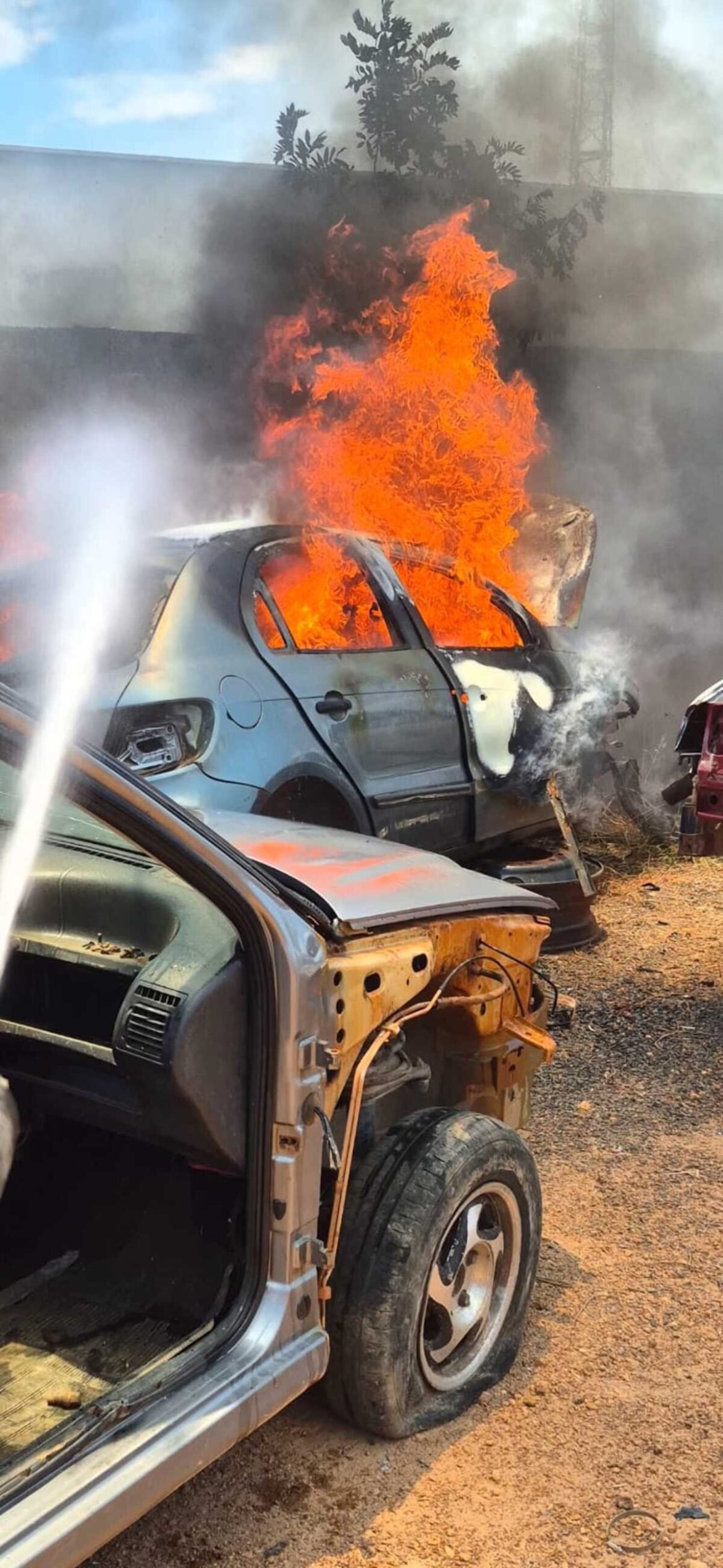 bombeiros-e-brigadistas-arrombam-cadeado-de-lote-para-combater-incendio-em-veiculos-em-rio-pardo-de-minas