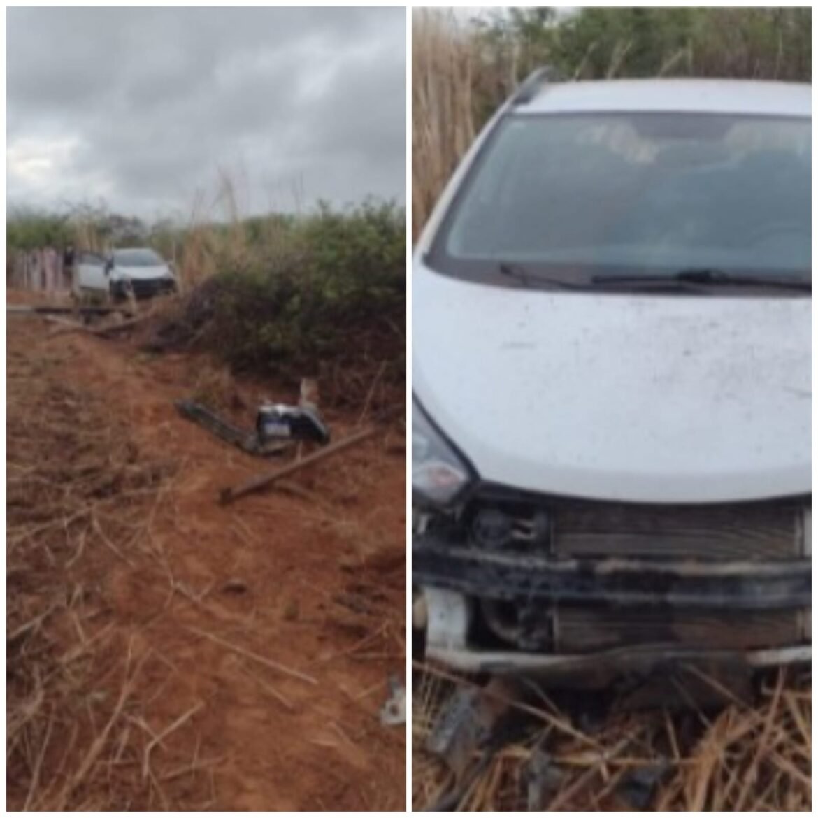 carro-aquaplana-durante-ultrapassagem,-sai-da-pista-e-derruba-poste-e-cerca-na-mgc-135
